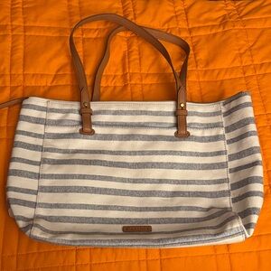 Fossil Gray and White Striped Tote with Tan Handles